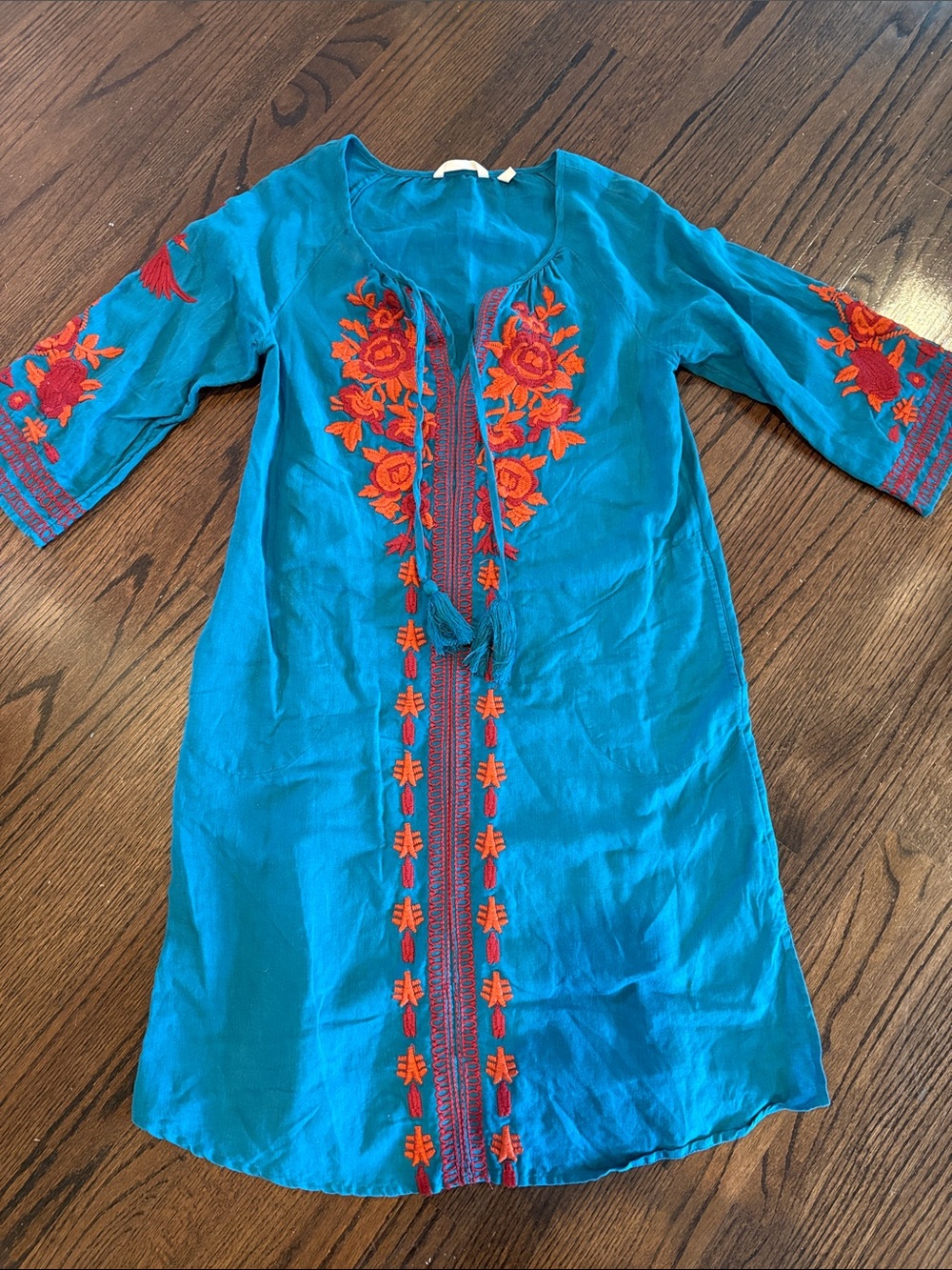 Teal Embroidered Linen Dress with Orange Floral Accents